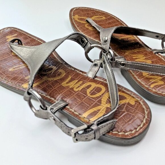 Sam Edelman 9M Greta Light Gold Metallic Leather T Strap Flat Sandals - Picture 4 of 6